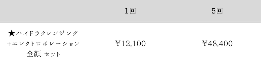 ハイドラクレンジング・エレクトロポレーションによる毛穴・美白治療の料金表